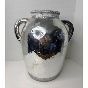 Rustic Metallic Silver Chrome Distressed Ceramic Amphora Vase Double Handle 12"